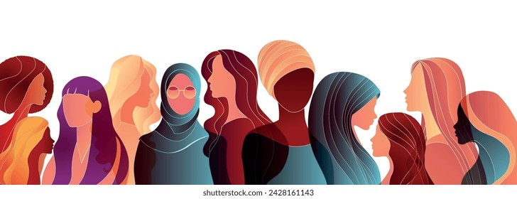 Group silhouette of multicultural women. International women's day. Equality Diversity - Inclusion - or Empowerment concept. Anti racism or stop discrimination. Banner copy space