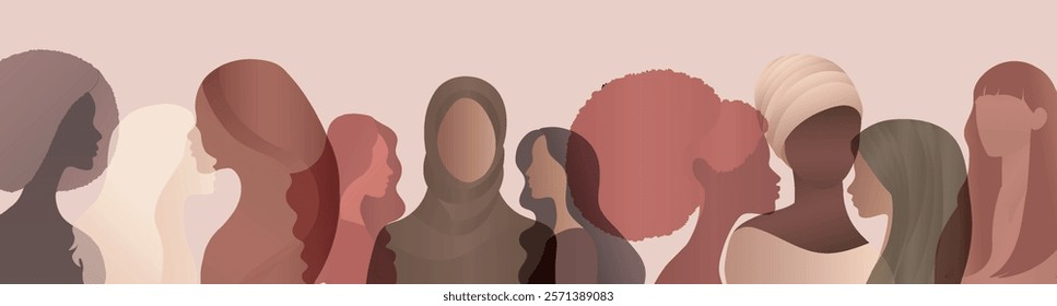 Group silhouette of multicultural women. International women s day. Diversity - inclusion - equality - girl power or empowerment concept