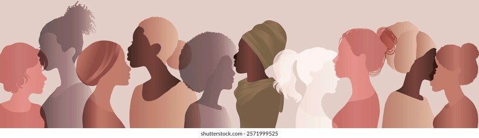 Group silhouette of multicultural women. International women s day. Empowerment inclusion - equality - Diversity - or girl power concept
