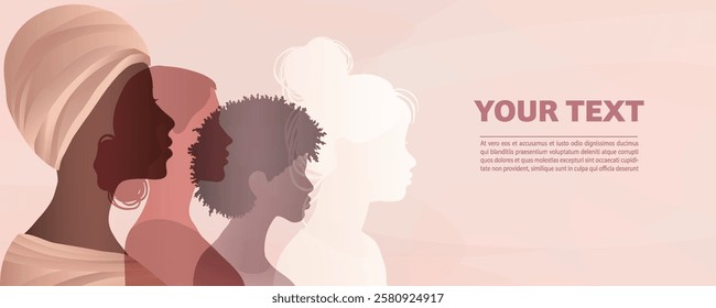 Group silhouette of multicultural women. Women s history month. International women s day. Empowerment inclusion - Diversity - equality - or girl power or concept. Banner copy space