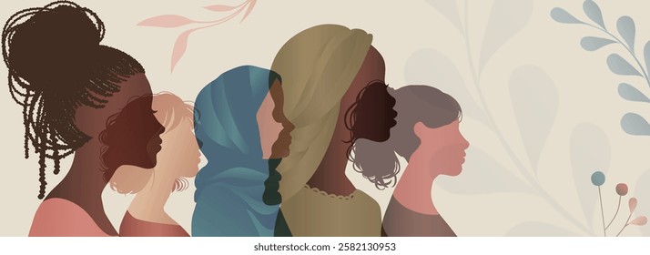 Group silhouette of multicultural women. Women s history month. International women s day. Banner copy space. Empowerment inclusion - Diversity - equality - or girl power concept