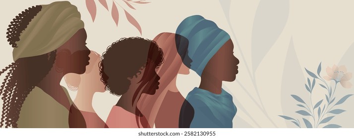 Group silhouette of multicultural women. Women s history month. International women s day. Banner copy space. Empowerment inclusion - Diversity - equality - or girl power concept