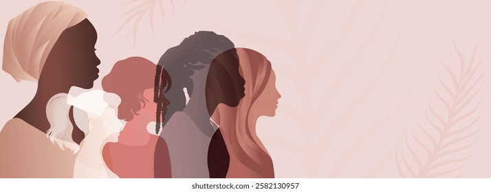 Group silhouette of multicultural women. Women s history month. International women s day. Banner copy space. Empowerment inclusion - Diversity - equality - or girl power concept