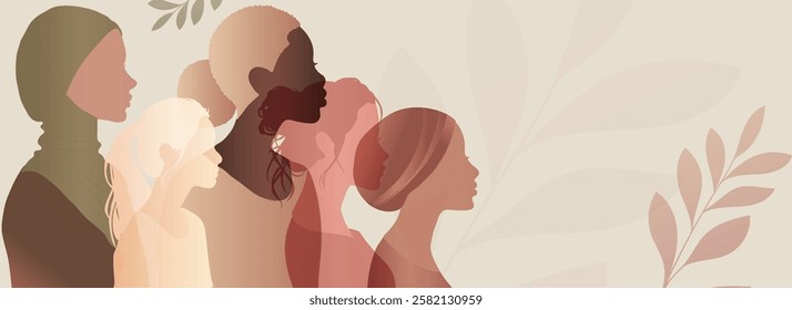 Group silhouette of multicultural women. Women s history month. International women s day. Banner copy space. Empowerment inclusion - Diversity - equality - or girl power concept