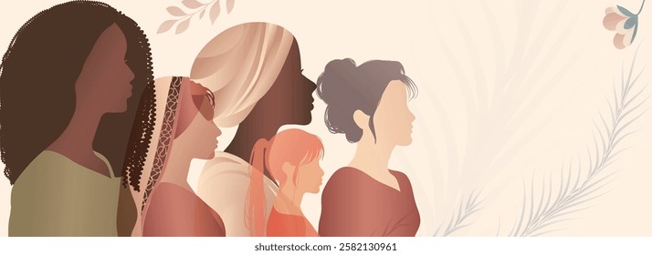 Group silhouette of multicultural women. Women s history month. International women s day. Banner copy space. Empowerment inclusion - Diversity - equality - or girl power concept