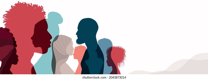 Group Silhouette Profile Of Men And Women Of Diverse Culture. Diversity Multicultural People. Racial Equality And Anti-racism. Multiethnic Society. Friendship.Community. Banner Copy Space