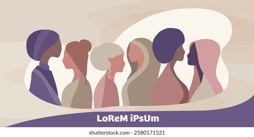 Group silhouette of six multicultural women standing together. International women s day. Empowerment Diversity - inclusion - equality - or girl power or concept. Banner copy space