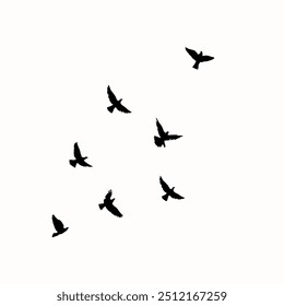Um grupo de aves silhuetadas em voo disperso sobre um fundo branco evoca uma liberdade minimalista e serena.