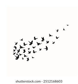 A group of silhouetted birds in scattered flight on a white background evokes a minimalist, serene freedom.