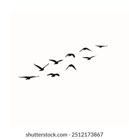 Um grupo de aves silhuetadas em voo disperso sobre um fundo branco evoca uma liberdade minimalista e serena.