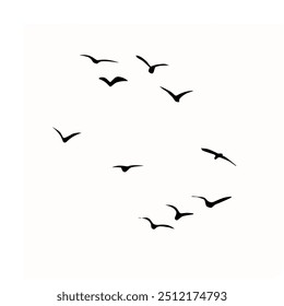 A group of silhouetted birds in scattered flight on a white background evokes a minimalist, serene freedom.