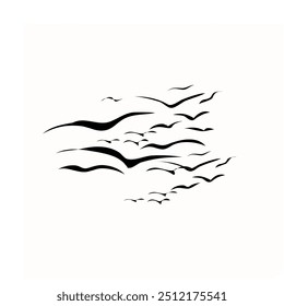 A group of silhouetted birds in scattered flight on a white background evokes a minimalist, serene freedom.