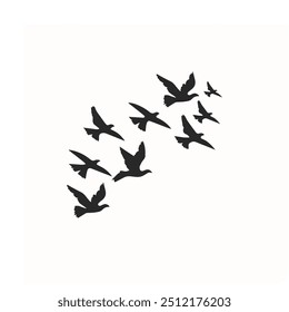 A group of silhouetted birds in scattered flight on a white background evokes a minimalist, serene freedom.