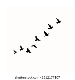 A group of silhouetted birds in scattered flight on a white background evokes a minimalist, serene freedom.