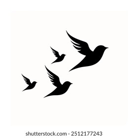 A group of silhouetted birds in scattered flight on a white background evokes a minimalist, serene freedom.