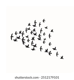 A group of silhouetted birds in scattered flight on a white background evokes a minimalist, serene freedom.