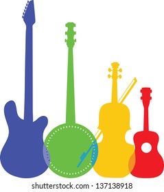 A group of silhouetted and colorful stringed instruments including an electric guitar, a banjo, a violin and a ukulele