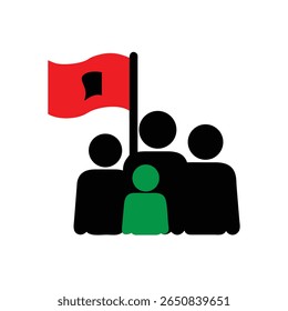 Group Silhouetted Figures with Red Flag Green Figure Representing Remembrance Day