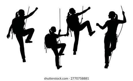 A group of silhouetted figures are shown rappelling, demonstrating athleticism and outdoor adventure.