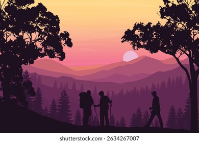 Group of Silhouetted Hikers in a Mountain Forest at Sunset with Backpacks and Trekking Poles, Surrounded by Pine Trees, Rolling Hills, and a Vibrant Evening Sky in the Background.