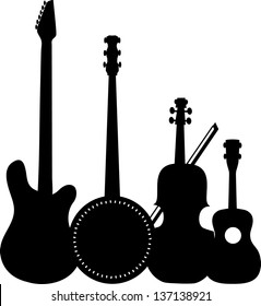 A group of silhouetted stringed instruments including an electric guitar, a banjo, a violin and a ukulele