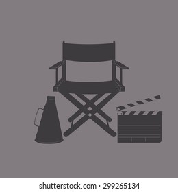 Group of silhouettes of cinema elements on a grey background. Vector illustration