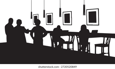 Grupo de siluetas que participan en la conversación y el trabajo enfocado, sentado en una mesa común en un ambiente interior elegante.