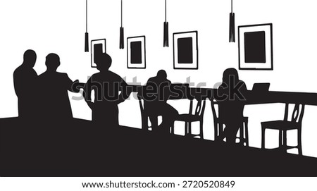 Group of silhouettes engaging in conversation and focused work, seated at a communal table in a stylish indoor environment.