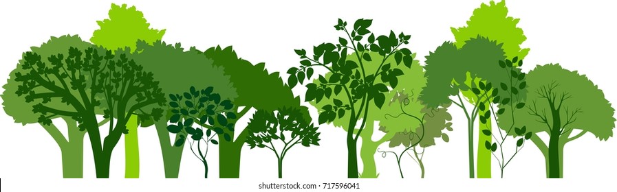 Group of silhouettes of green trees. Horizontal banners of silhouettes of deciduous trees