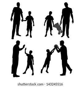 Group silhouettes of man and boy, family, dad and son