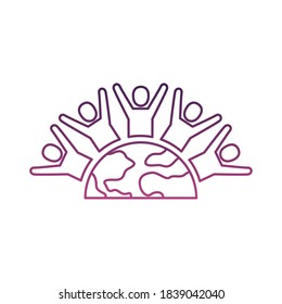 group of silhouettes people around of planet earth line style vector illustration design