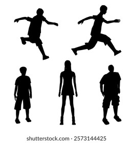 Group of silhouettes of people in various poses, including a man jumping and a woman standing