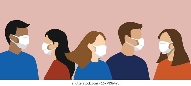 Group of simple flat design people with face masks, protection from disease or pollution