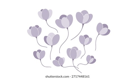 Grupo de flores moradas simples dibujadas a mano con delicados subgrupos dispuestos en una suave composición artística sobre superficie blanca.