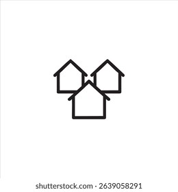 A group of simple houses clustered together. A minimal outline symbol representing a neighborhood, community, or residential village, isolated on a white background.