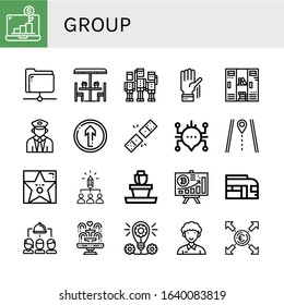 group simple icons set. Contains such icons as Growth, Share, Table, Team, Raise hand, Locker, Train, Straight, Dominoes, Chat, Route, Walk of fame, can be used for web, mobile and logo