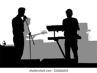 Group and singer of rock band on white background