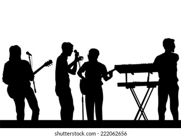 Group and singer of rock band on white background