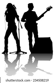 Group and singer of rock band on white background