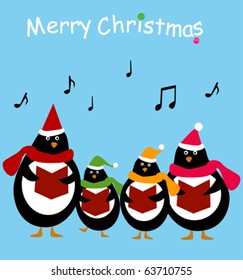 group of singing penguin Christmas Carolers