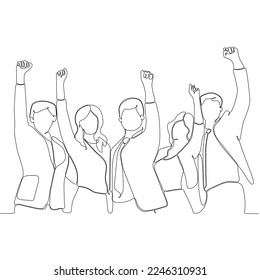 Group of single line drawing of happy young businessmen and entrepreneurs giving thumbs up gesture together. Business meeting concept. Continuous line draw design vector illustration