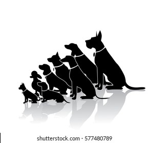 Group of sitting dogs in different breeds. Dog silhouette collection with copy space. Ranging in size from tiny Chihuahua to huge Great Dane. EPS 10 vector.
