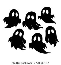 Um grupo de seis silhuetas fantasmas pretas com olhos brancos, várias poses, sobre fundo branco isolado, tema assustador Halloween