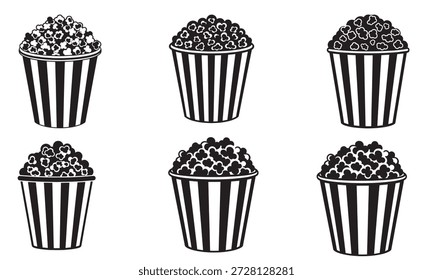Grupo de seis gráficos de Vector en blanco y negro que representan cubos de palomitas de maíz con diseños icónicos a rayas, aislados.