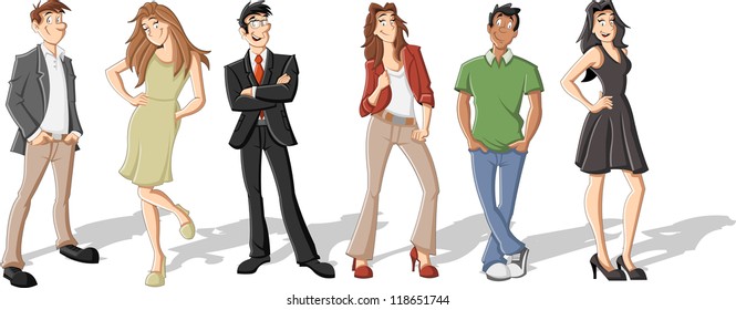 Group of six cartoon business people