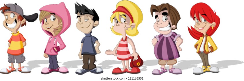 Group of six cartoon children