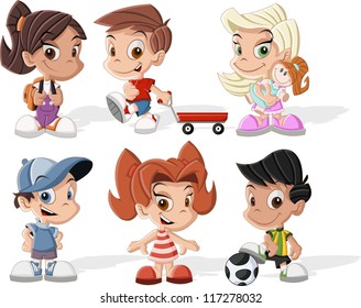 Group Of Six Cute Happy Cartoon Kids