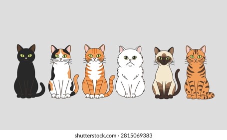 Group of six diverse cartoon cat breeds sitting in a line over a solid light gray background vector illustration.