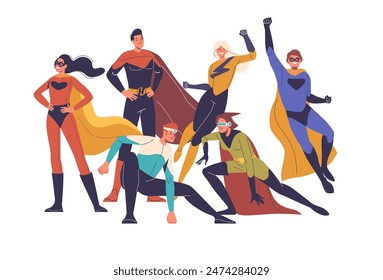 Group Of Six Diverse Superheroes In Dynamic Poses, Showcasing Teamwork, Power, And Heroism. Cartoon Comics Characters