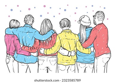 Group of six friends is hugging each other reunion, relaxing, and enjoying, behind view drawing